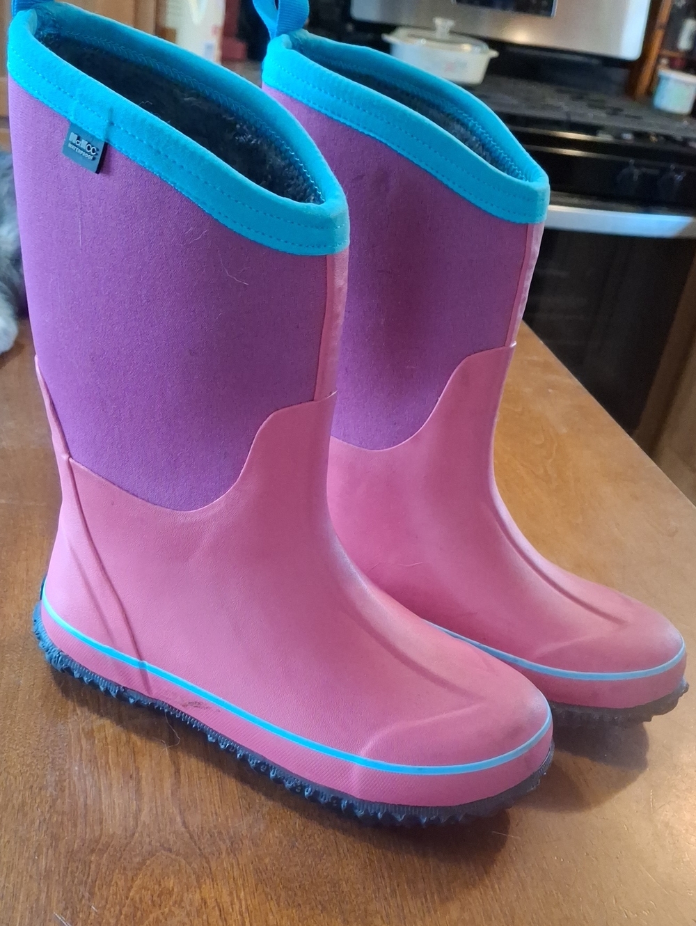 Kids Pink & Purple Waterproof Winter Rain Boots with Blue Trim